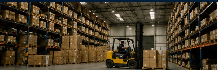 Depósito amplo com porta-pallets, caixas e empilhadeira, transmitindo estoque e pronta entrega